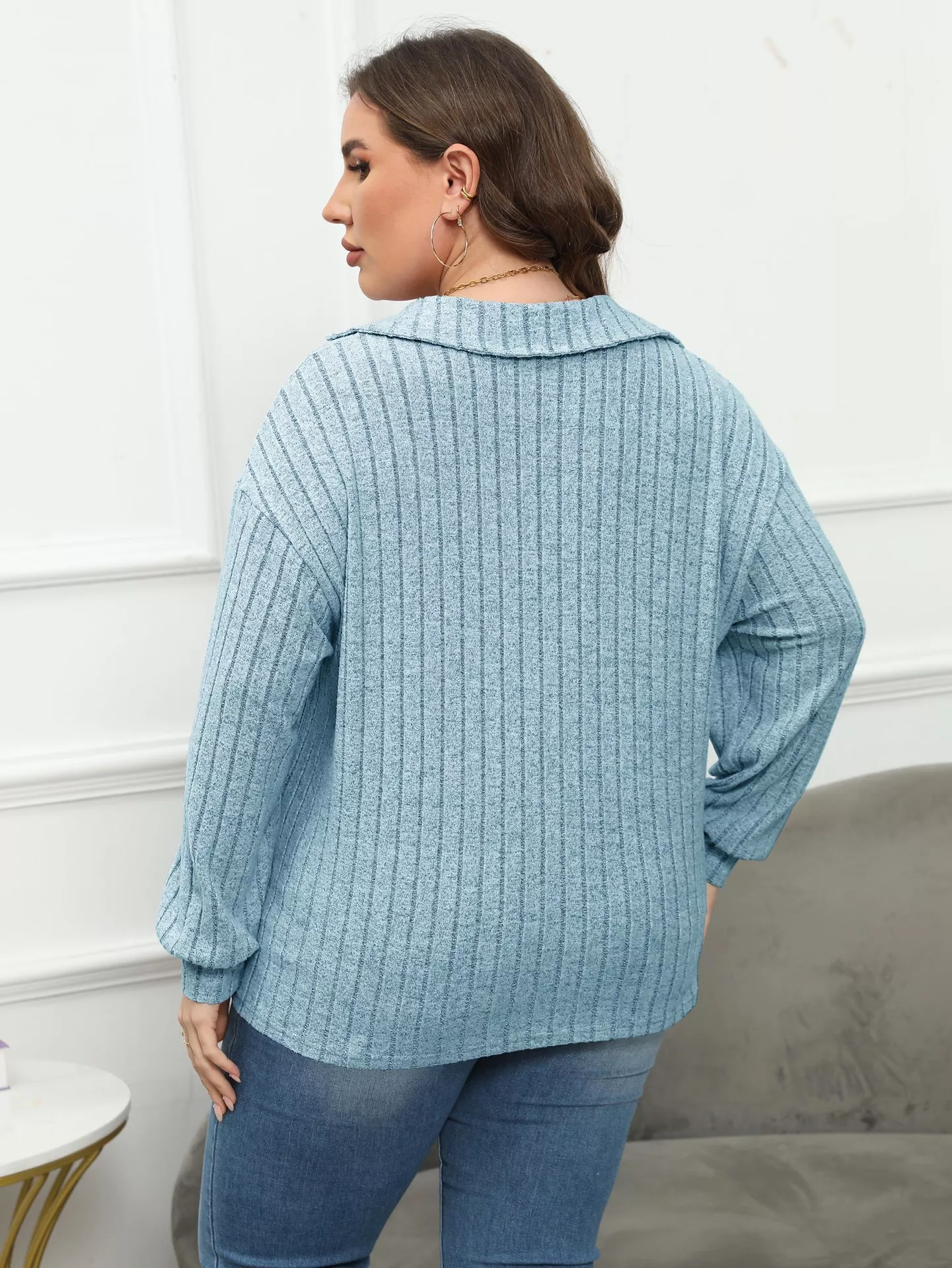 Plus Size Ribbed Knit Polo Collar T-Shirt - Image 16