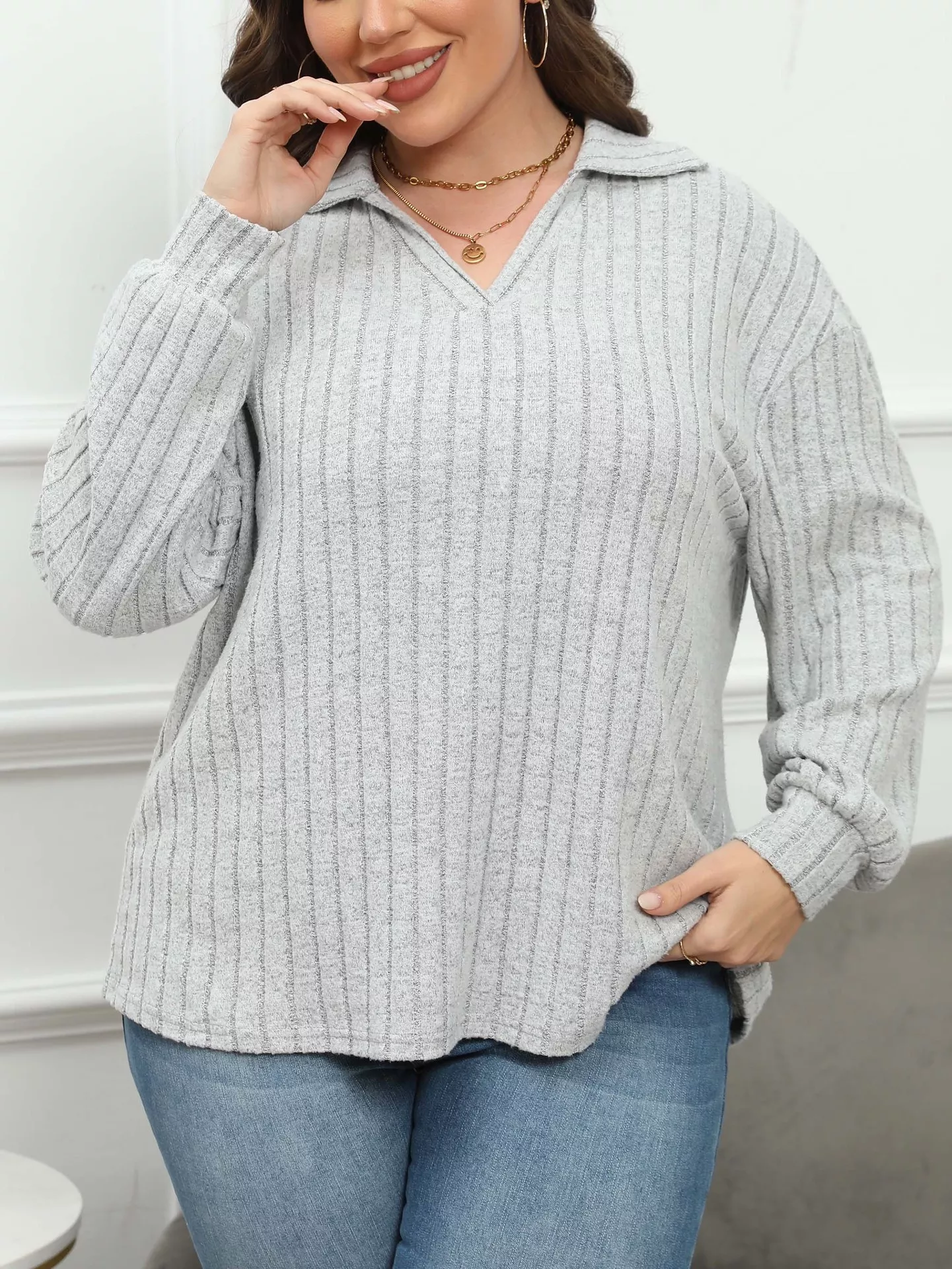 Plus Size Ribbed Knit Polo Collar T-Shirt - Image 4
