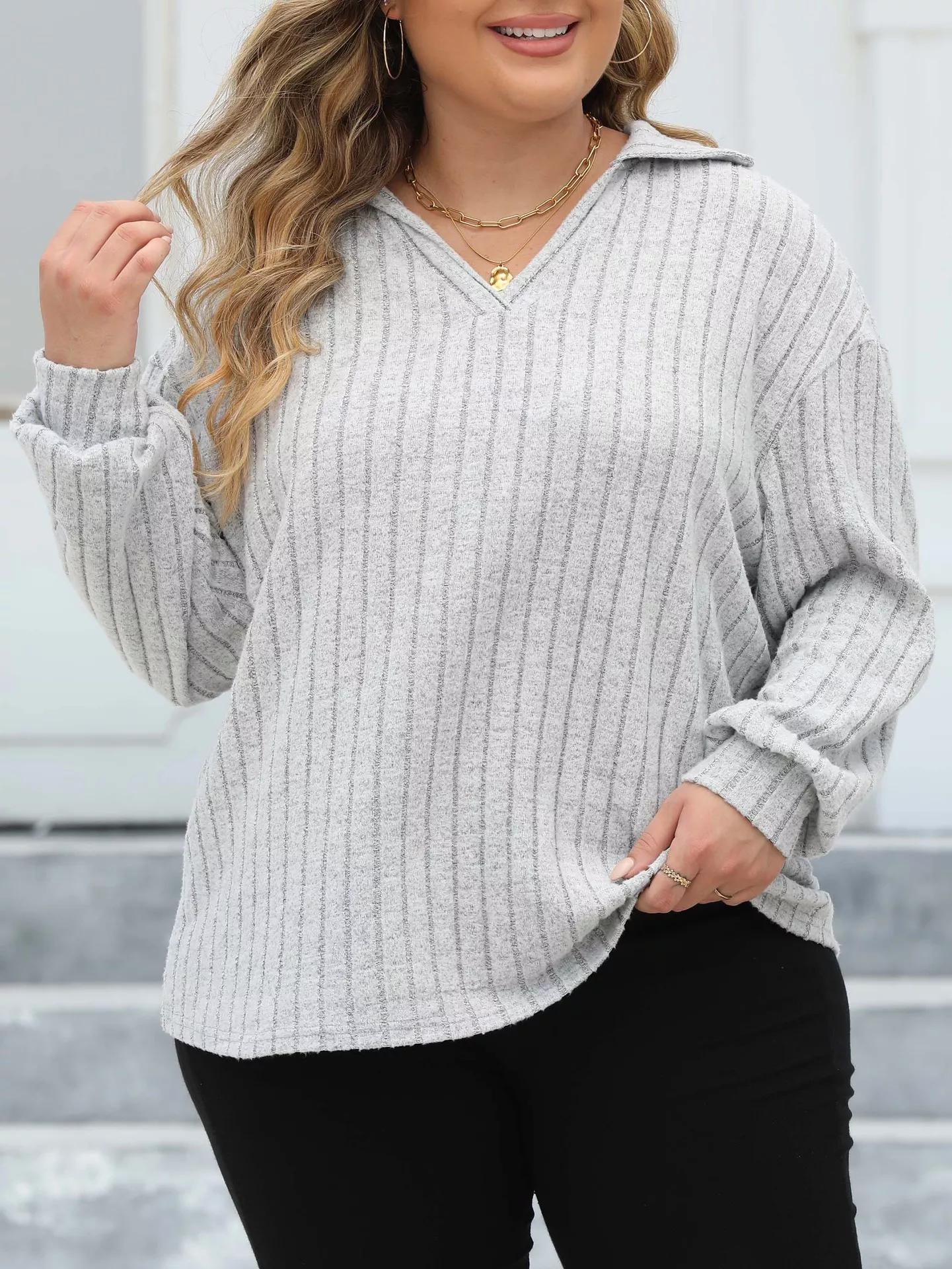 Plus Size Ribbed Knit Polo Collar T-Shirt - Image 5