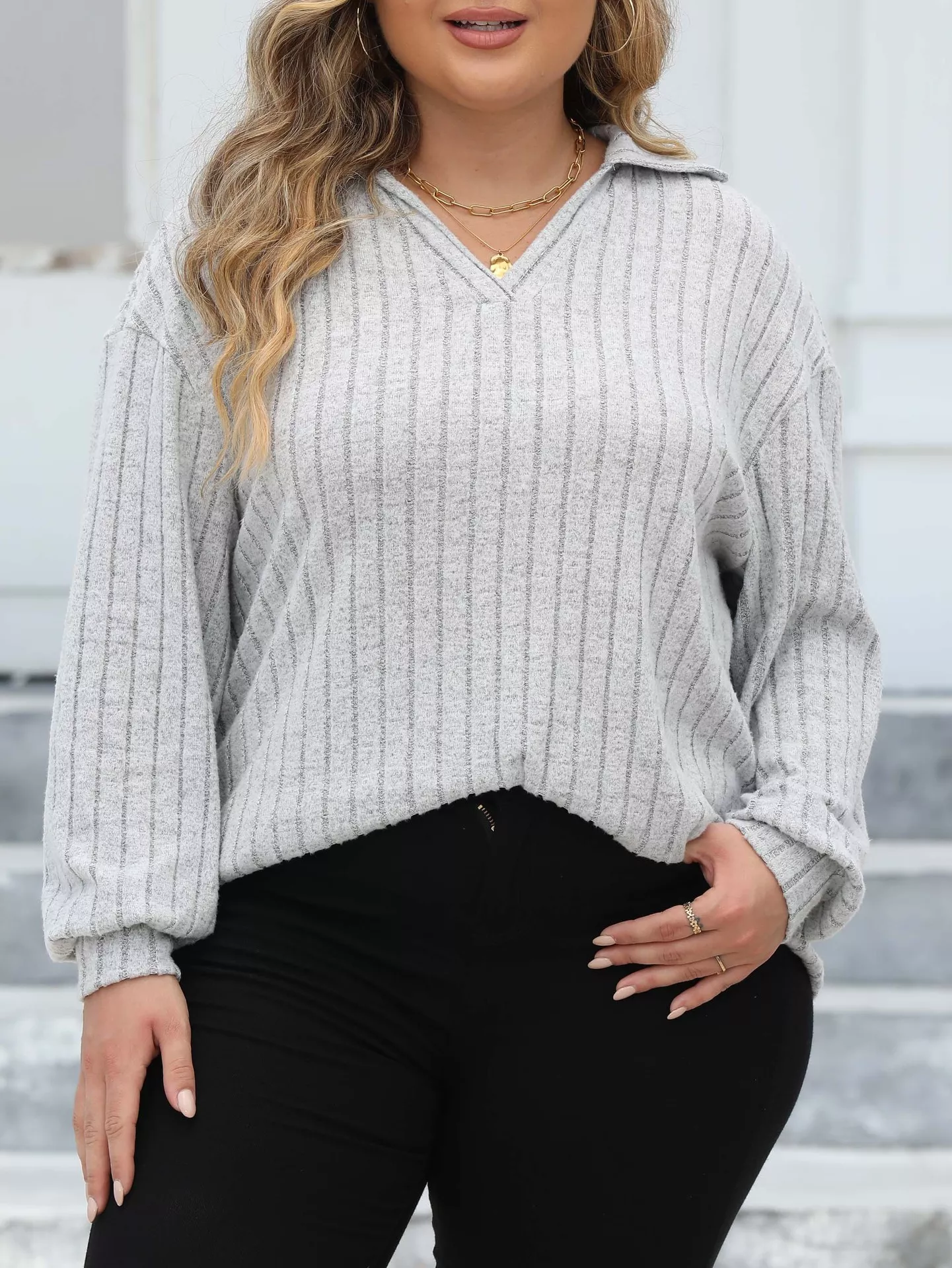Plus Size Ribbed Knit Polo Collar T-Shirt - Image 7