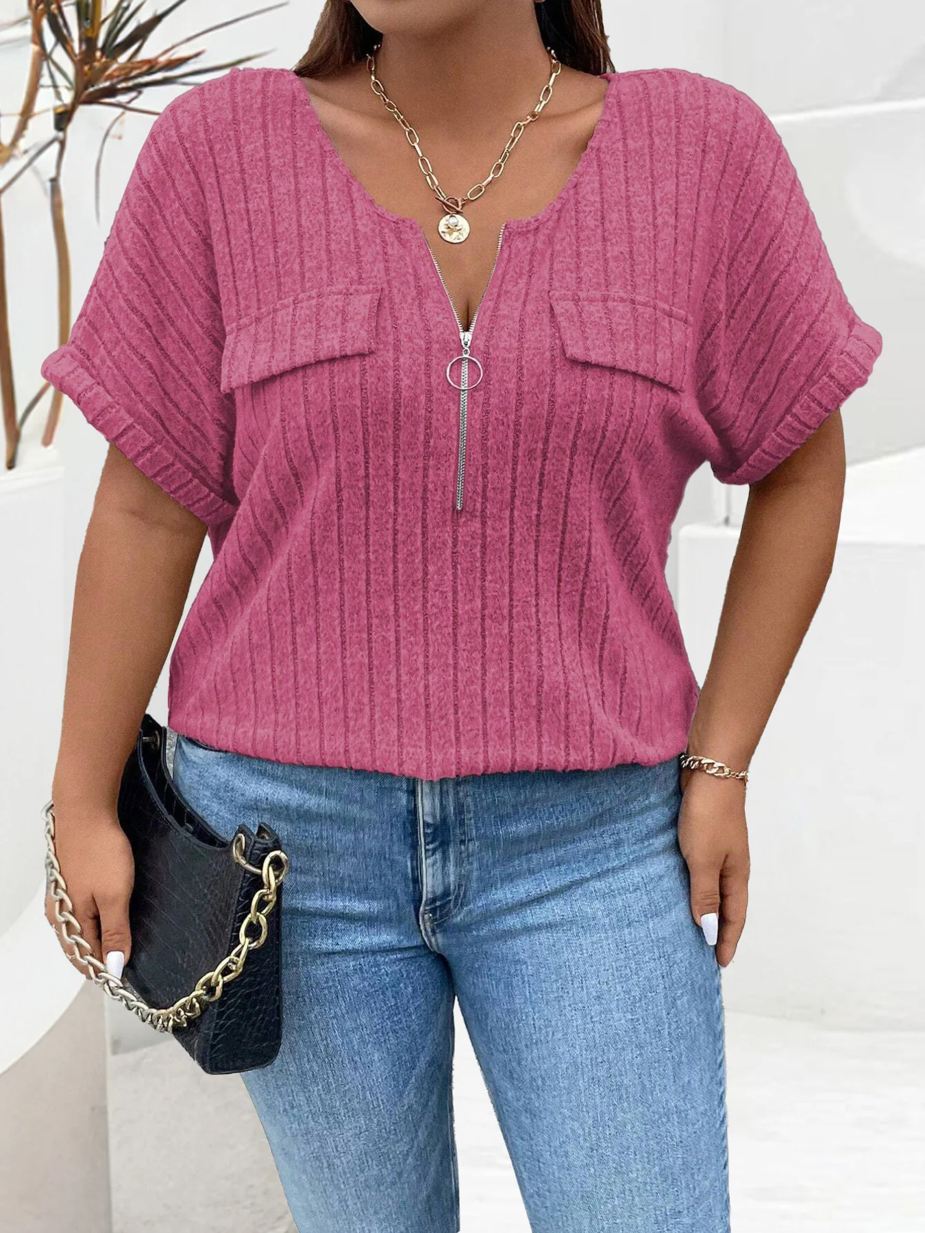 Plus Size Ribbed Knit Zipper Front T-Shirt - Image 12