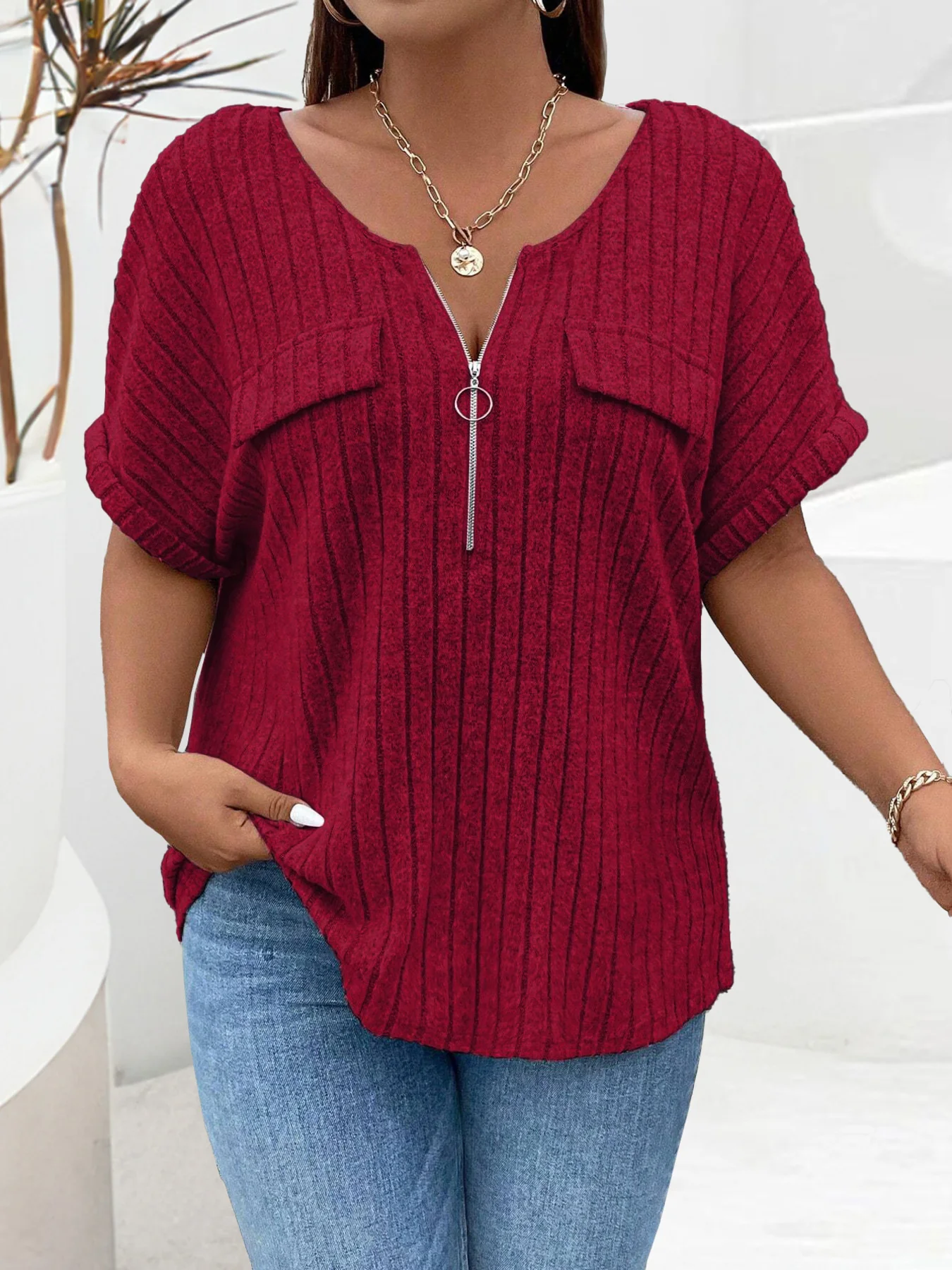 Plus Size Ribbed Knit Zipper Front T-Shirt - Image 13