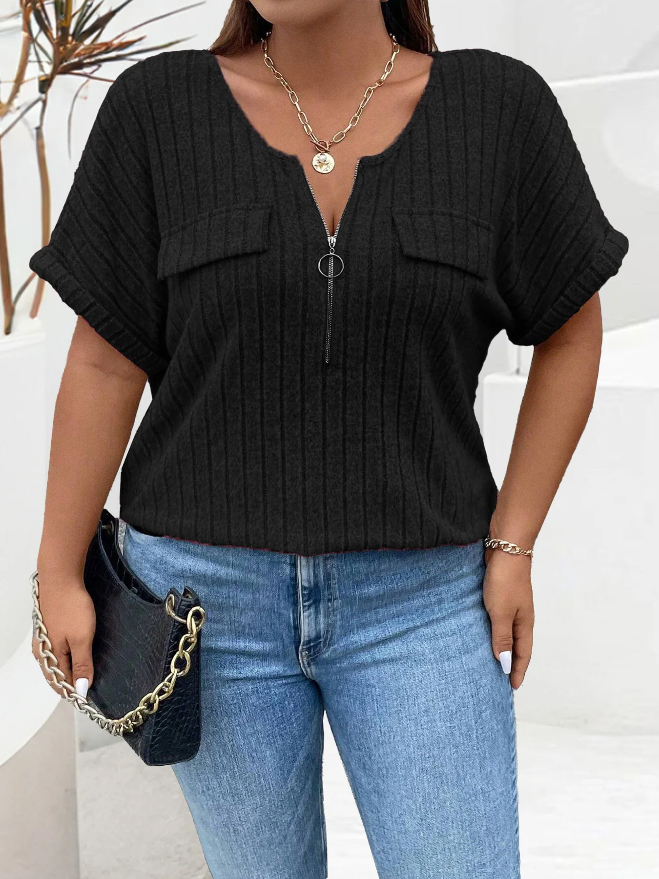 Plus Size Ribbed Knit Zipper Front T-Shirt - Image 6