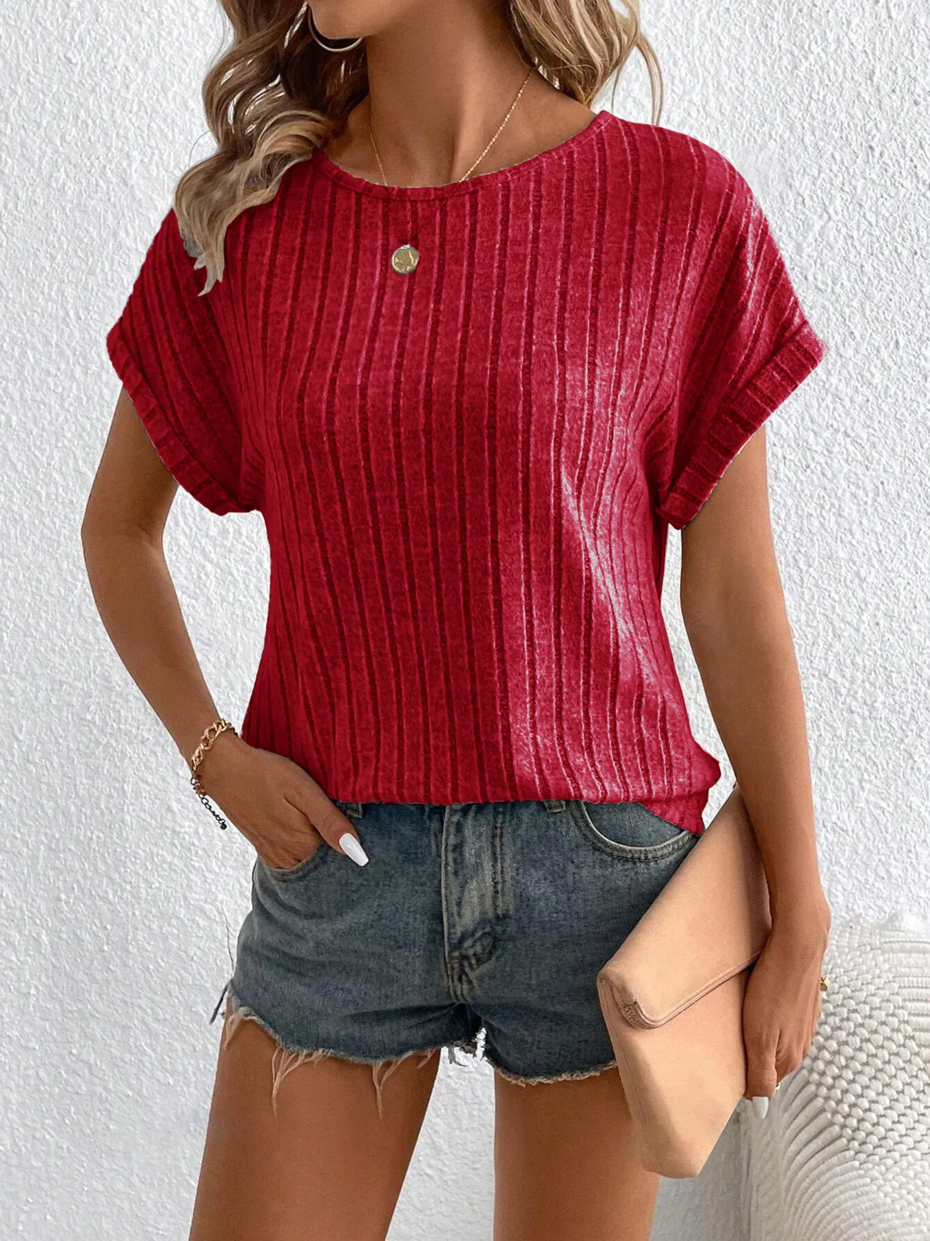 Plus Size Ribbed Texture Short Sleeve T-Shirt - Image 15