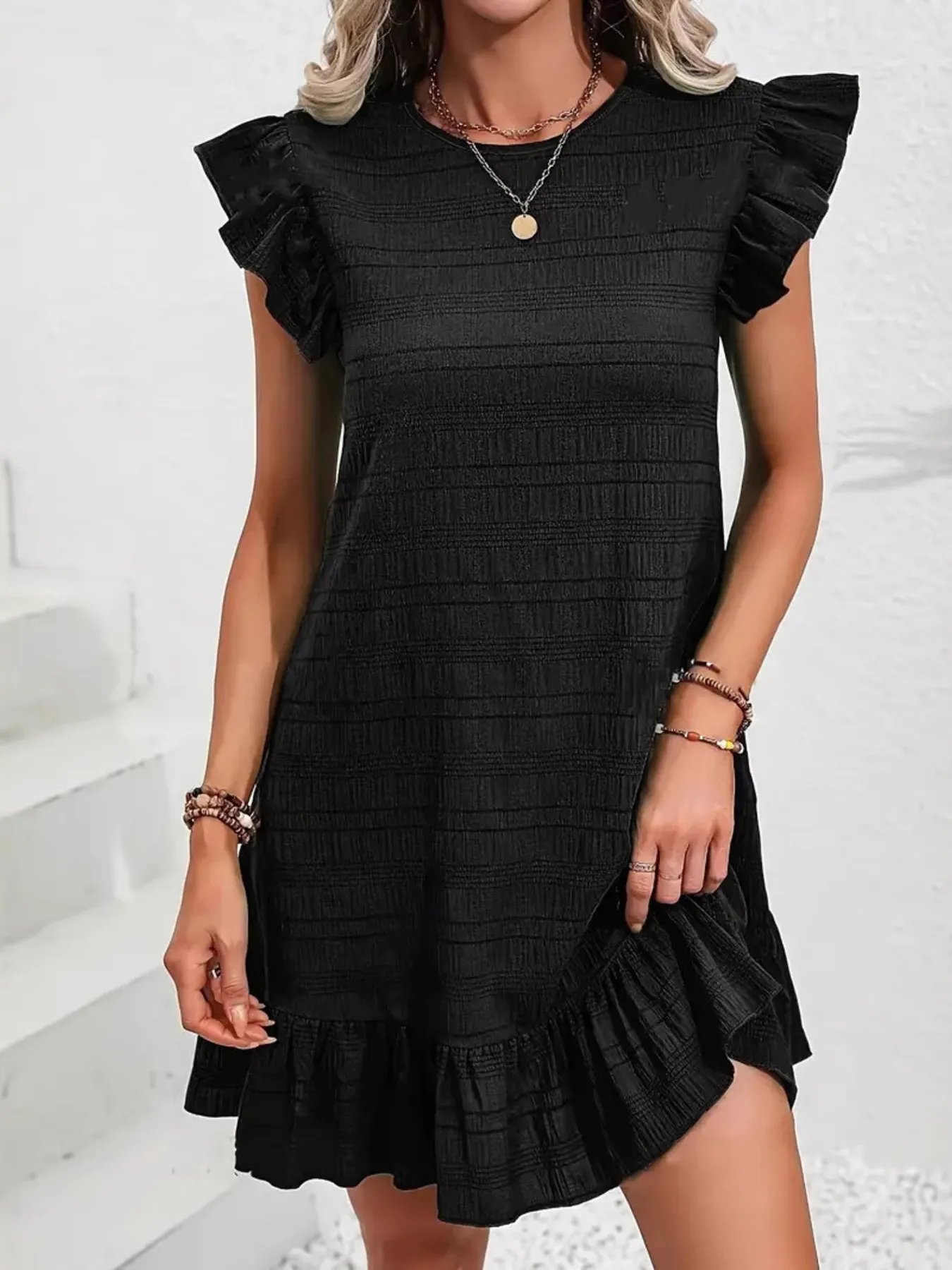 Plus Size Ruffle Hen Cap Sleeve Mini Dress - Image 4