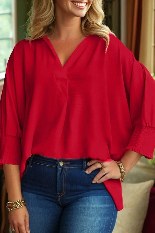 Plus Size Solid Collared V-Neck Smocked 3/4 Sleeve - Image 2