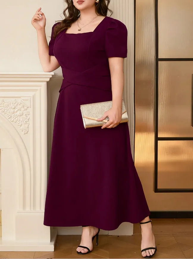 Plus Size Square Neck Puff Sleeve Midi Dress - Image 3