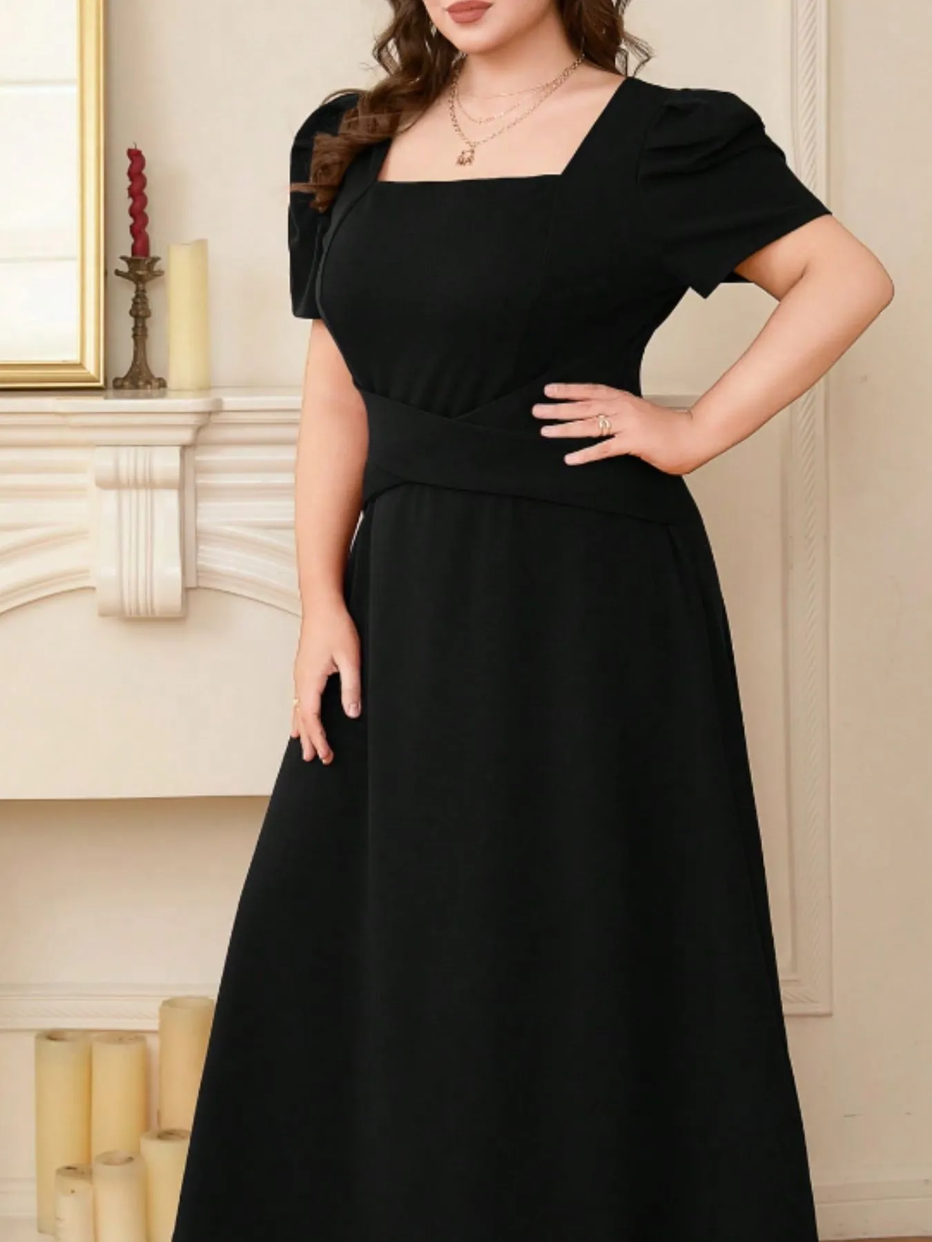 Plus Size Square Neck Puff Sleeve Midi Dress - Image 6