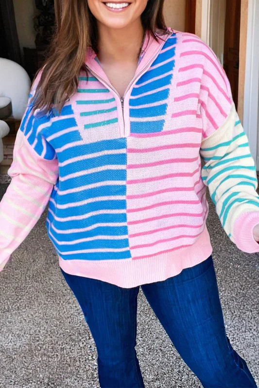 Plus Size Stripe Colorblock Half Zip Sweater