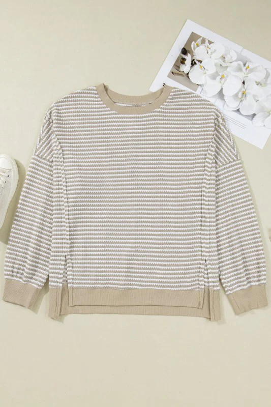 Plus Size Stripe Knit Ribbed Long Sleeve Top - Image 9