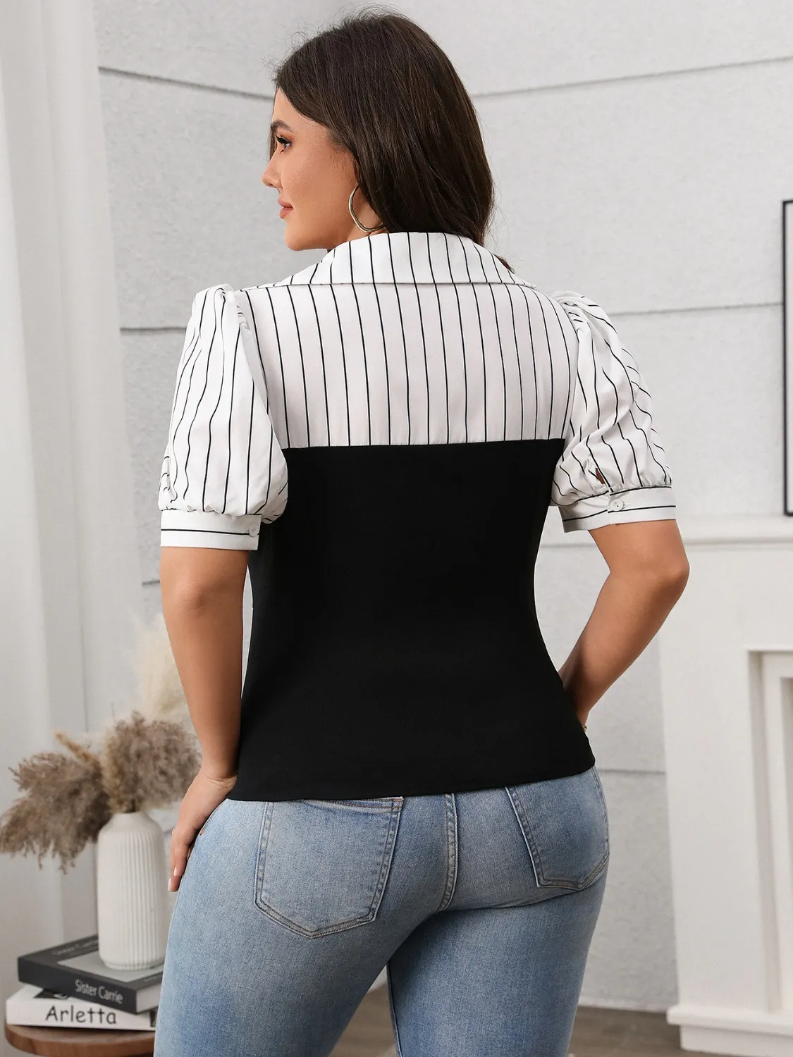 Plus Size Striped Johnny Collar Short Sleeve Blouse - Image 2