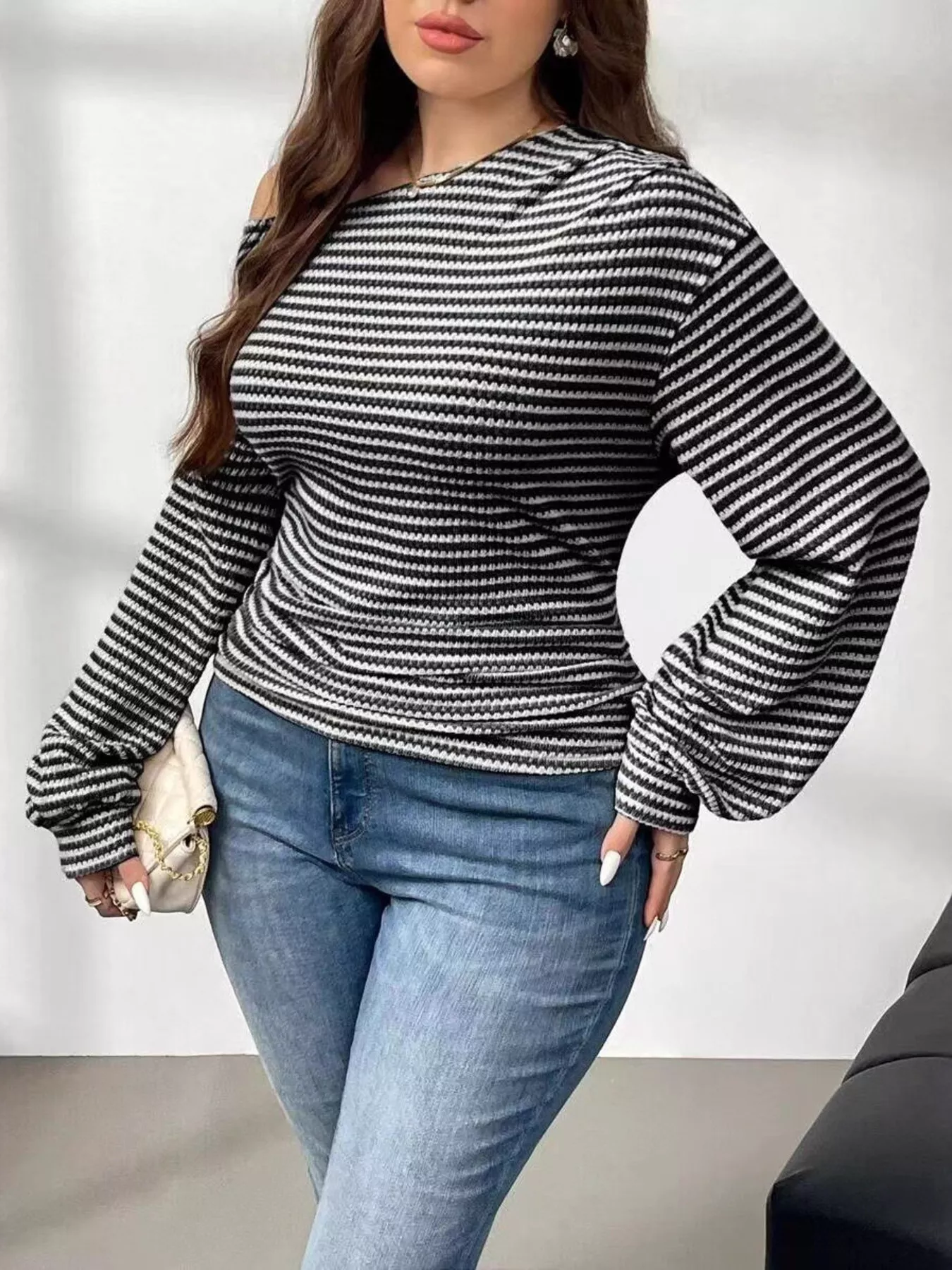 Plus Size Striped One-Shoulder Long Sleeve T-Shirt - Image 2