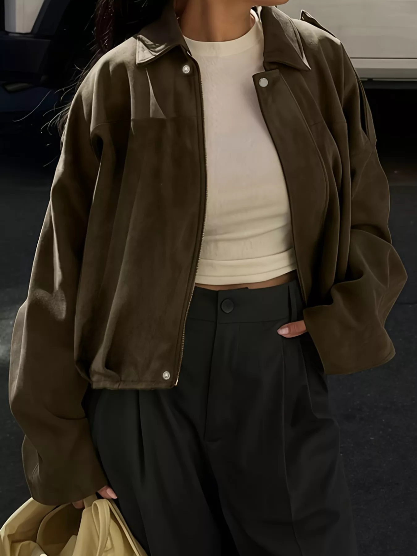 Plus Size Suede Cropped Bomber Jacket - Image 4