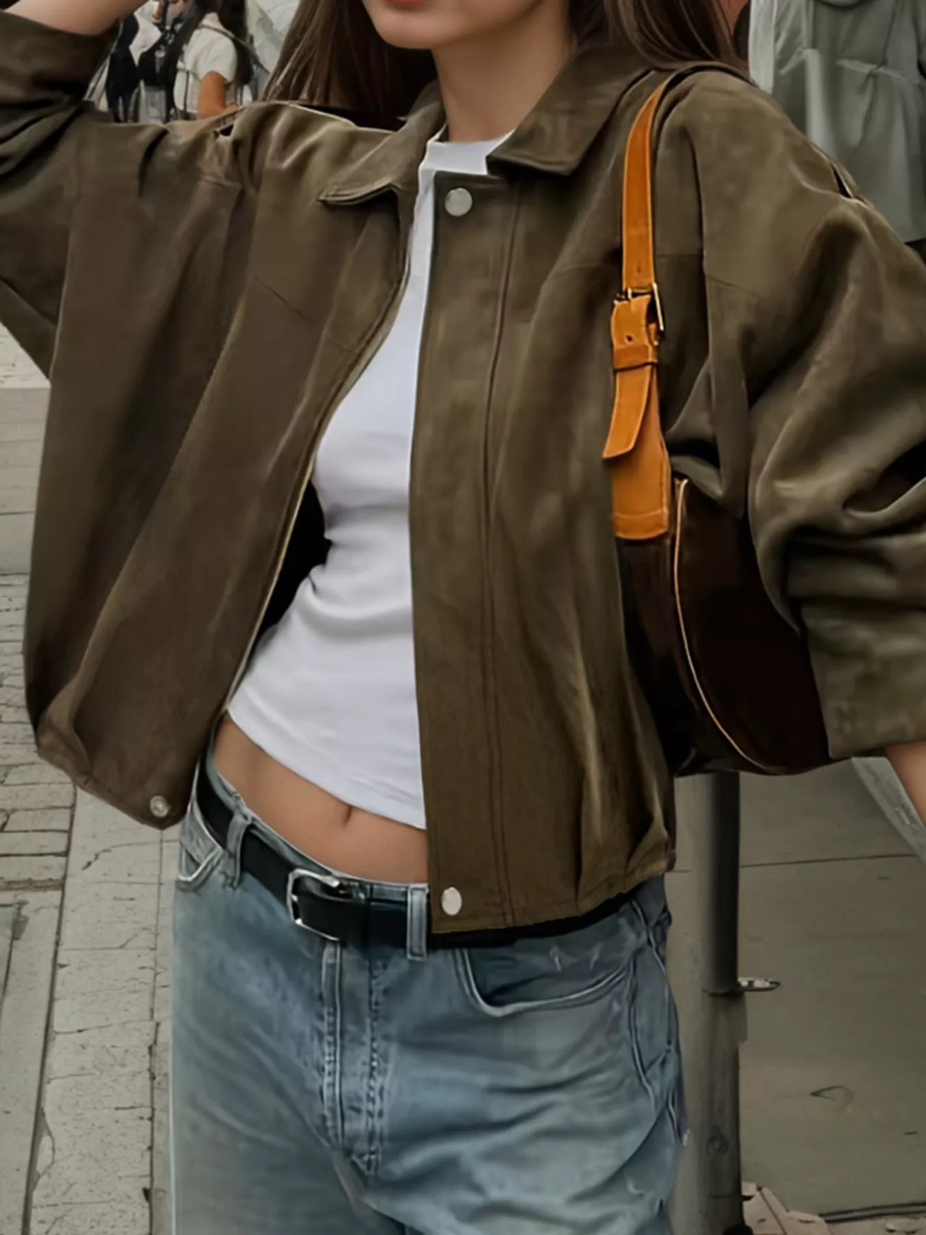 Plus Size Suede Cropped Bomber Jacket - Image 5