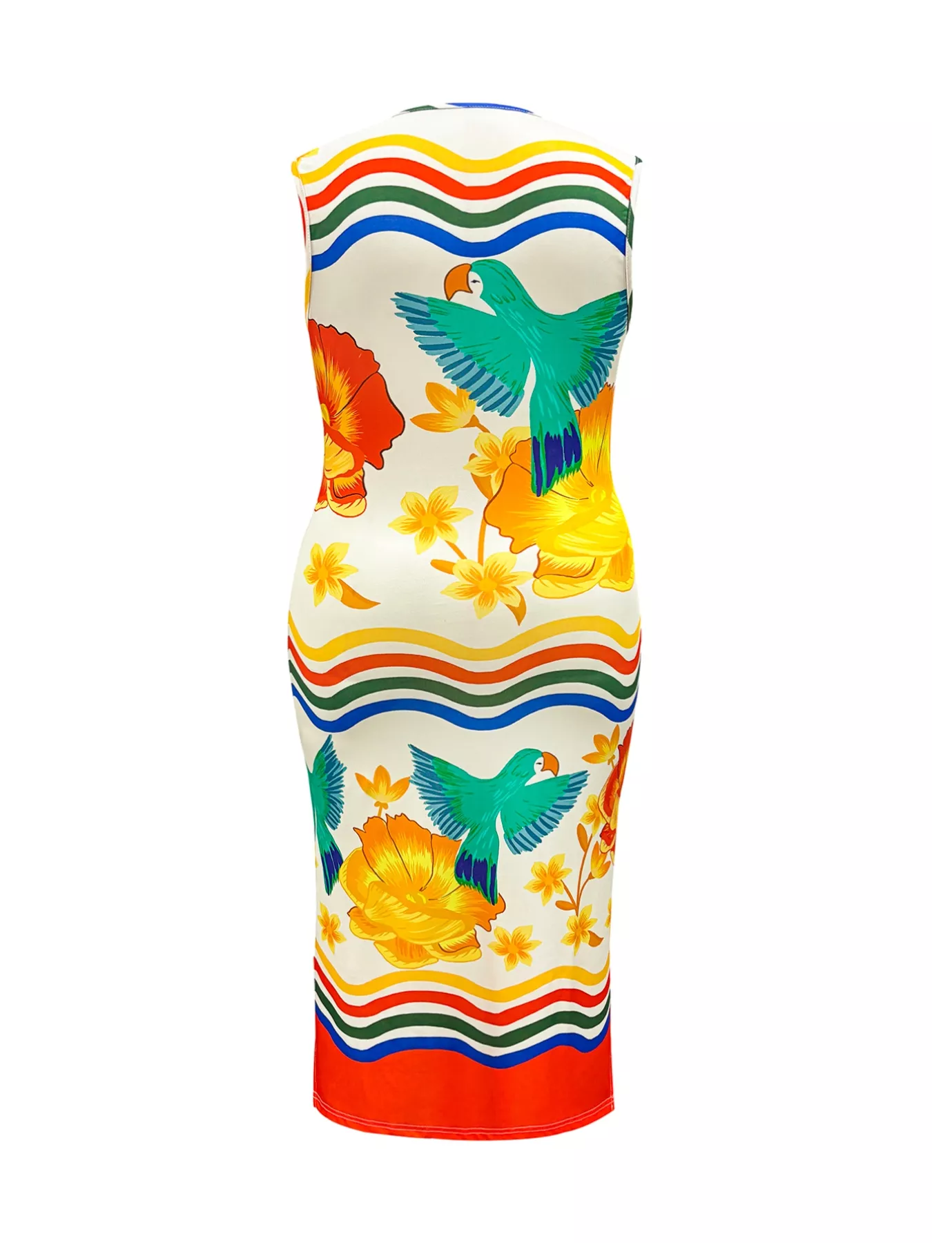 Plus Size Tropical Parrot Print Sleeveless Midi Dress - Image 5