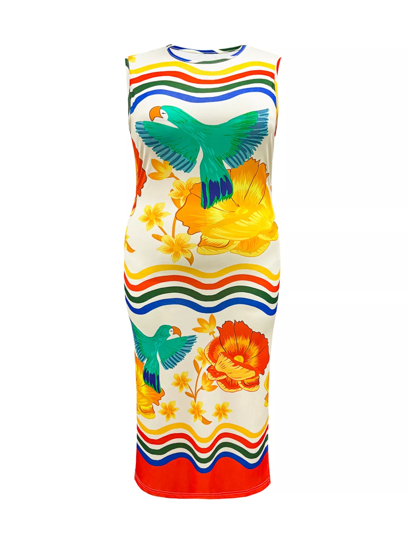 Plus Size Tropical Parrot Print Sleeveless Midi Dress - Image 6