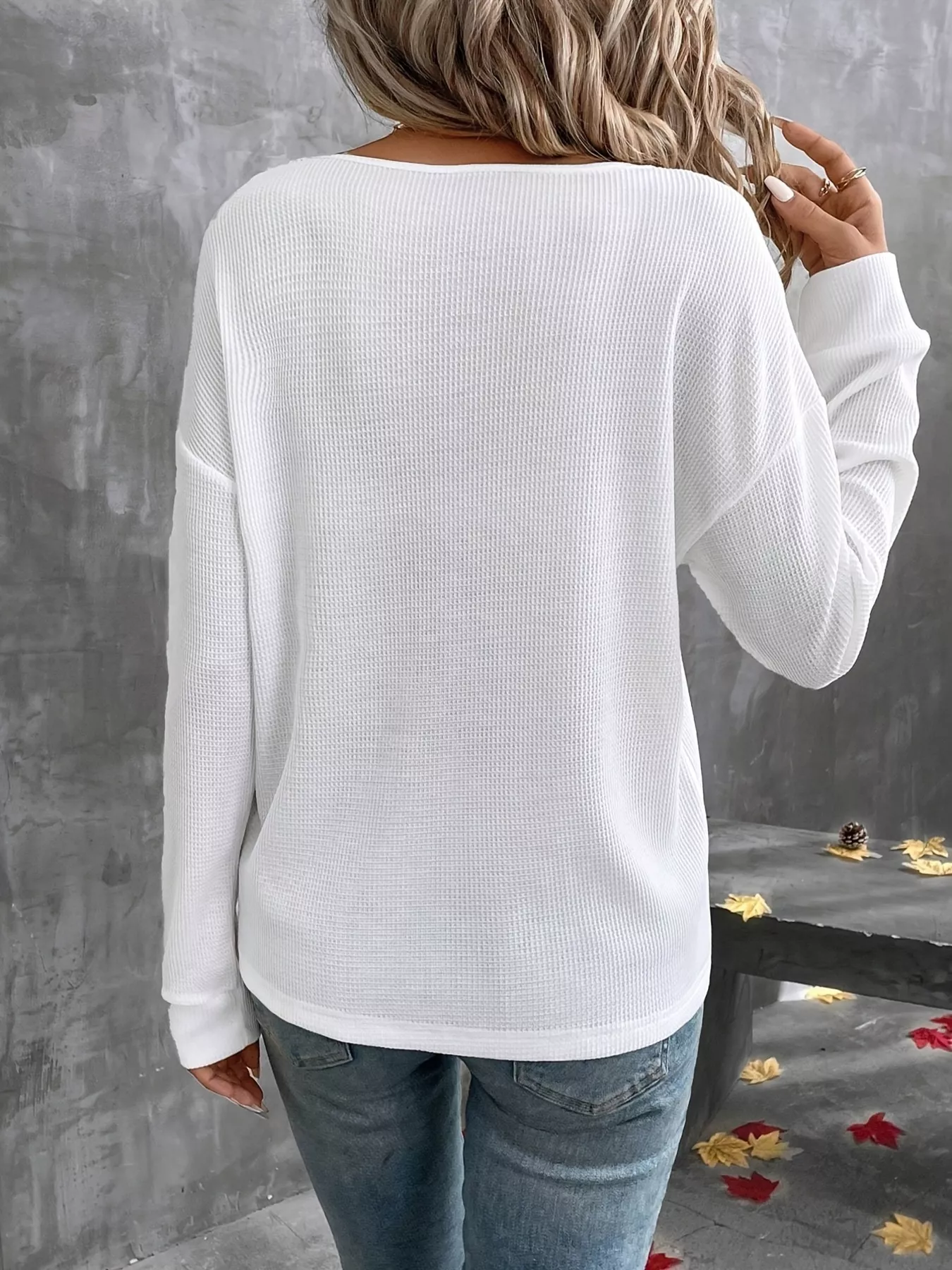 Plus Size V-Neck Long Sleeve Waffle Knit T-Shirt - Image 5