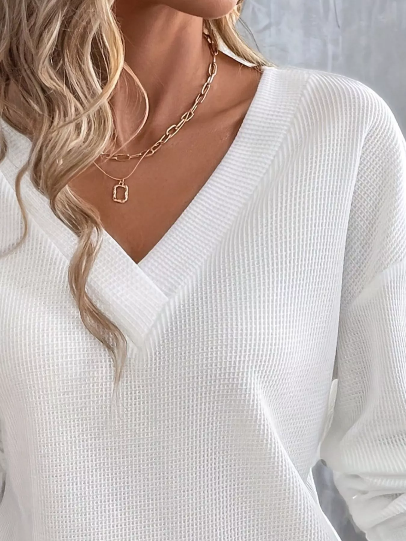 Plus Size V-Neck Long Sleeve Waffle Knit T-Shirt - Image 6