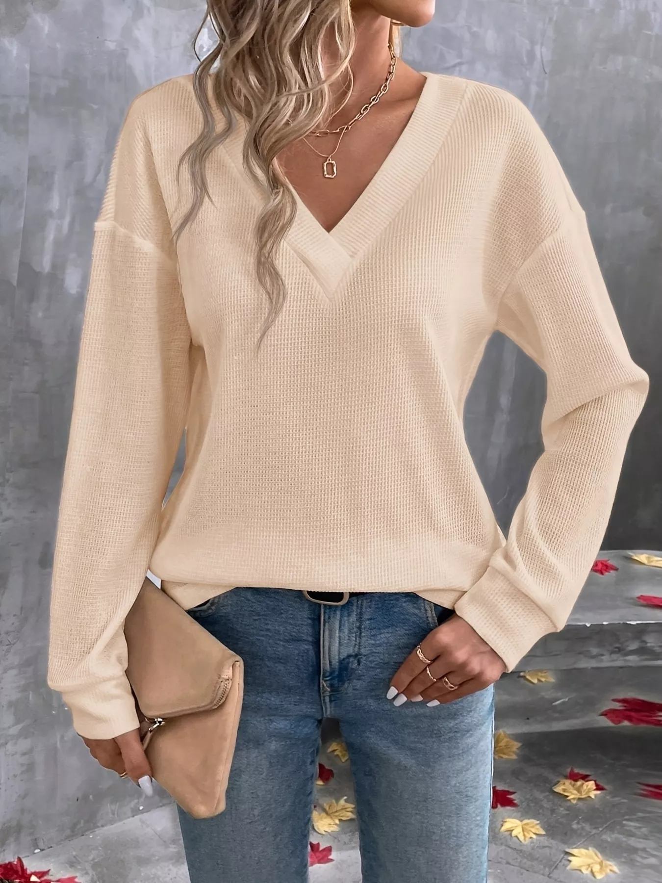 Plus Size V-Neck Long Sleeve Waffle Knit T-Shirt - Image 8