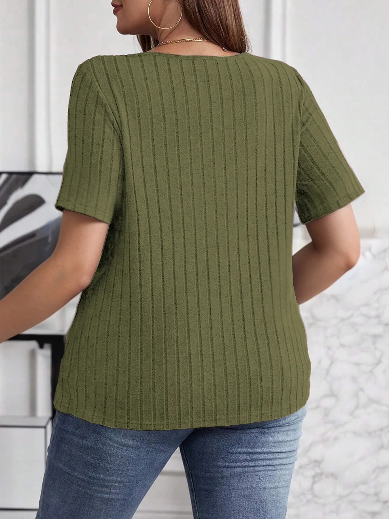 Plus Size V-Neck Short Sleeve Ribbed T-Shirt - Image 15