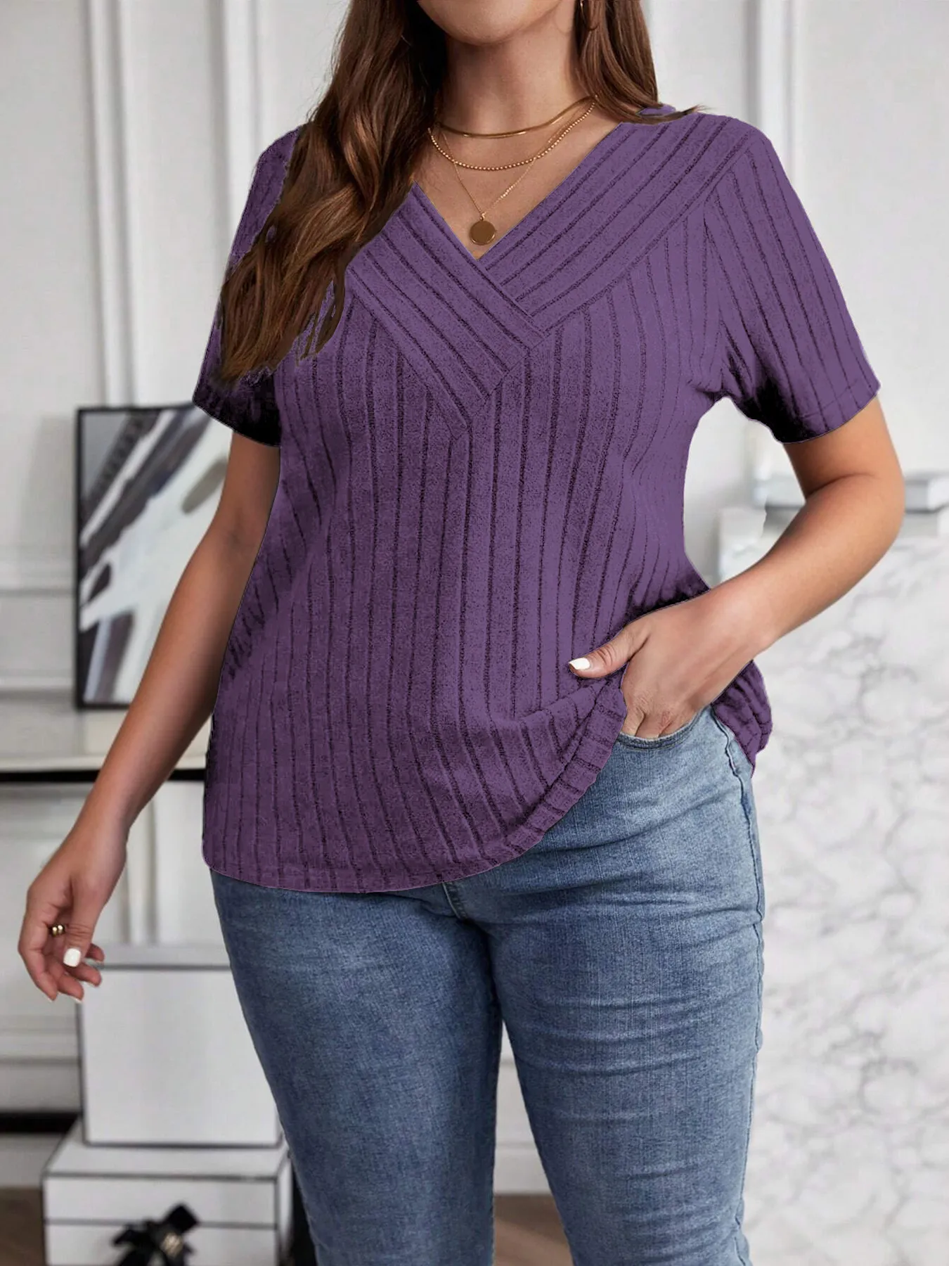 Plus Size V-Neck Short Sleeve Ribbed T-Shirt - Image 2
