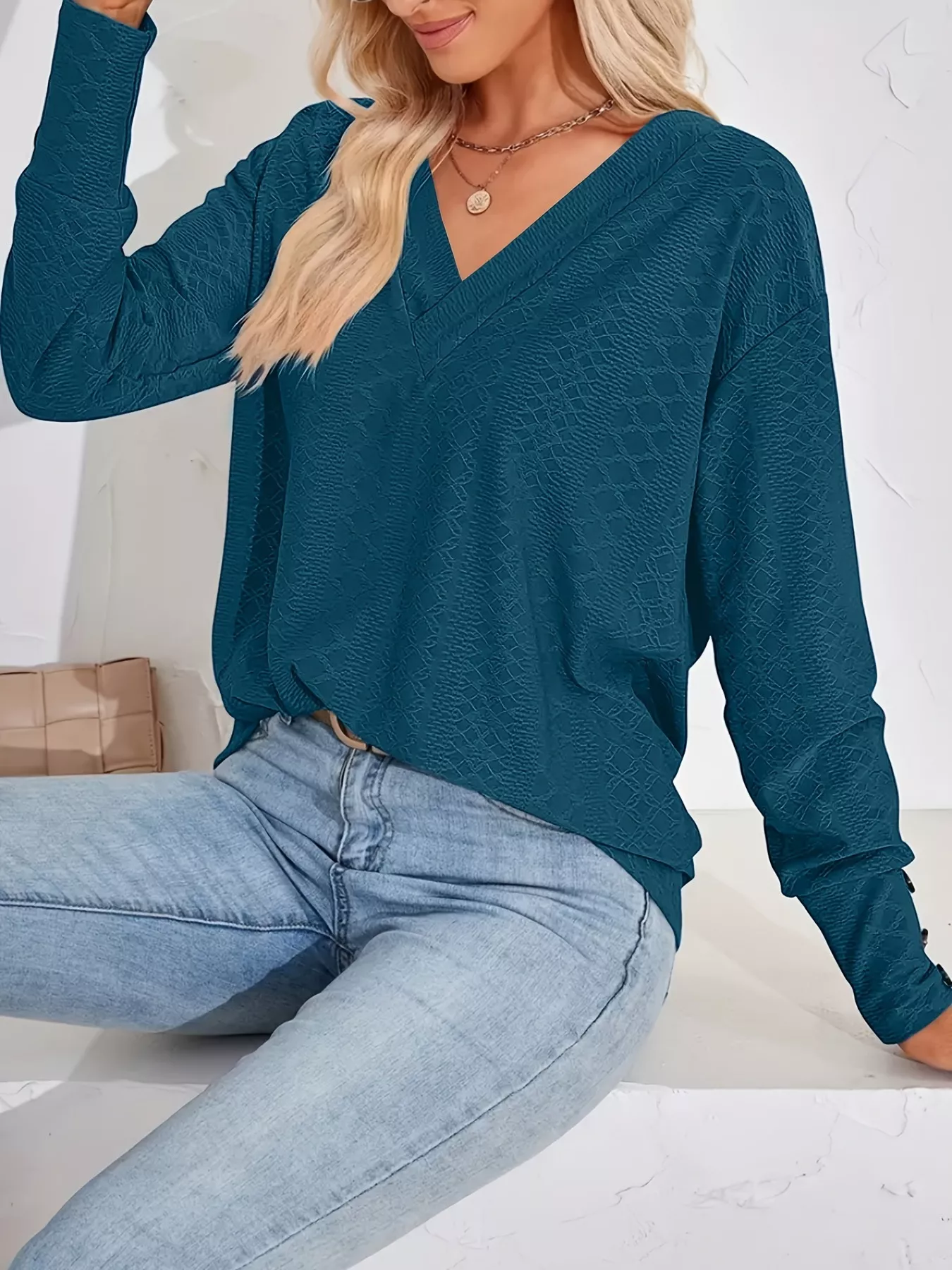 Plus Size V-Neck Textured Long Sleeve T-Shirt - Image 11