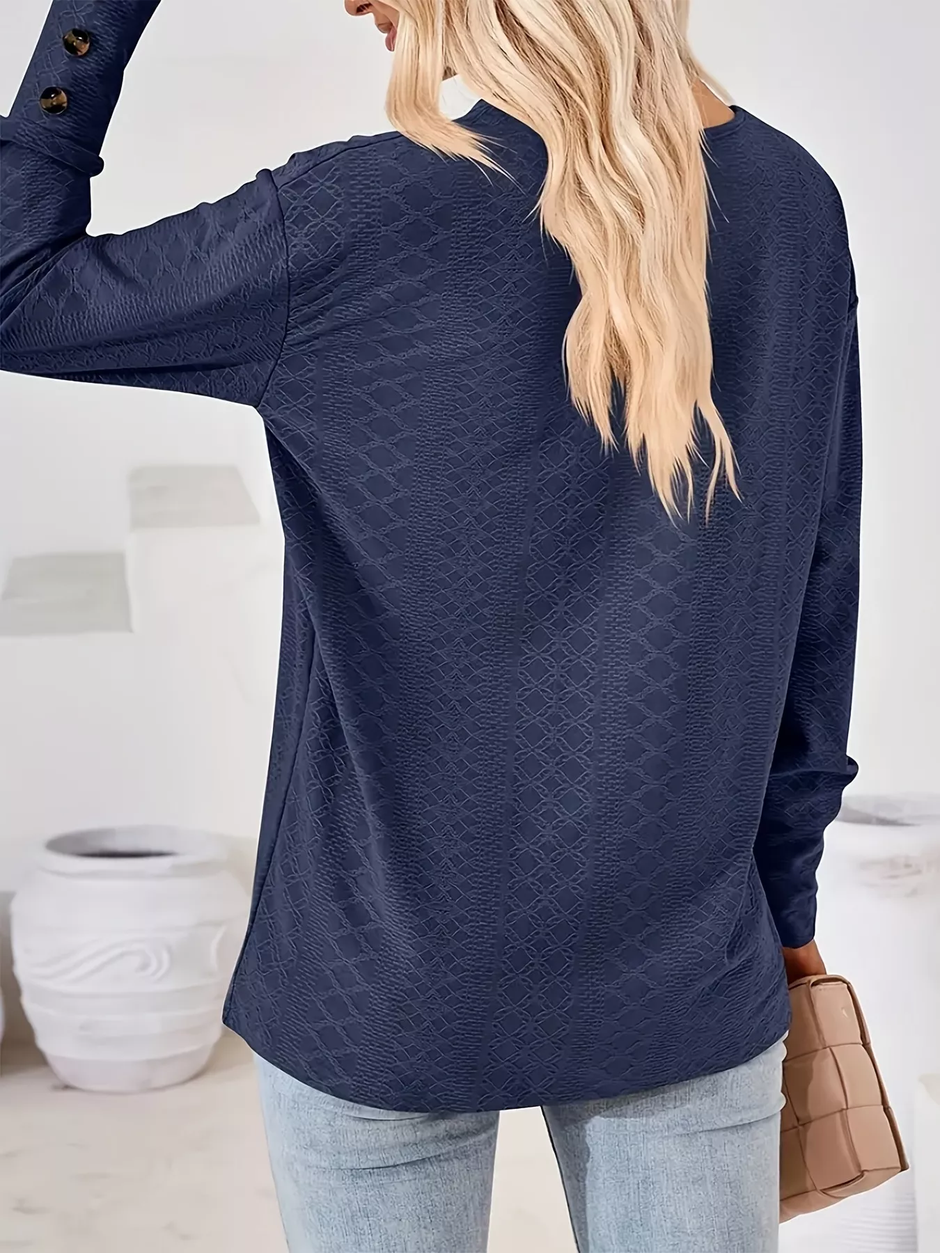 Plus Size V-Neck Textured Long Sleeve T-Shirt - Image 5