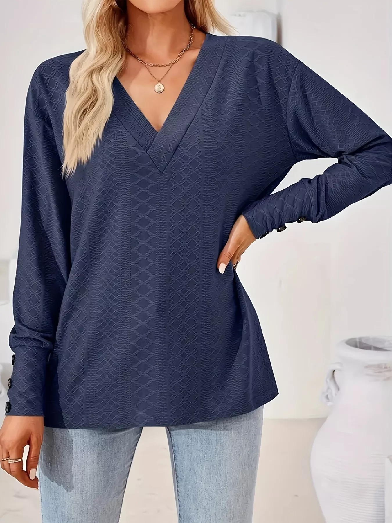 Plus Size V-Neck Textured Long Sleeve T-Shirt - Image 7