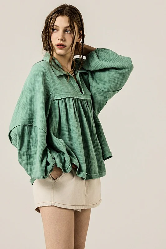 Plus V-neck Bubble Slv Cotton gauze Babydoll Top - Image 11