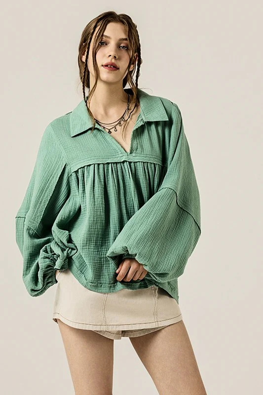 Plus V-neck Bubble Slv Cotton gauze Babydoll Top - Image 12