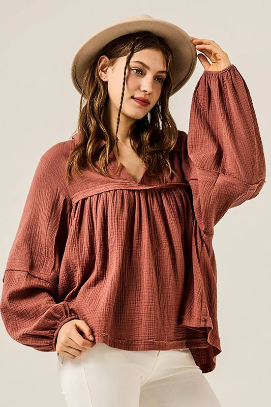 Plus V-neck Bubble Slv Cotton gauze Babydoll Top - Image 13