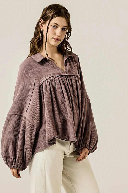 Plus V-neck Bubble Slv Cotton gauze Babydoll Top - Image 17