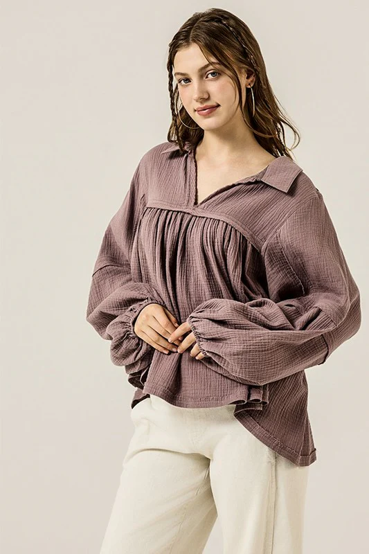 Plus V-neck Bubble Slv Cotton gauze Babydoll Top - Image 18