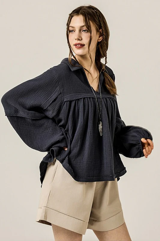 Plus V-neck Bubble Slv Cotton gauze Babydoll Top - Image 19