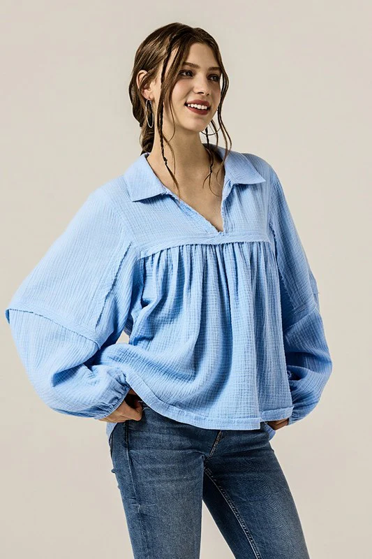 Plus V-neck Bubble Slv Cotton gauze Babydoll Top - Image 4