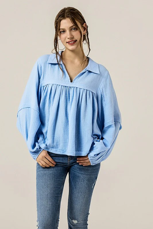 Plus V-neck Bubble Slv Cotton gauze Babydoll Top - Image 5
