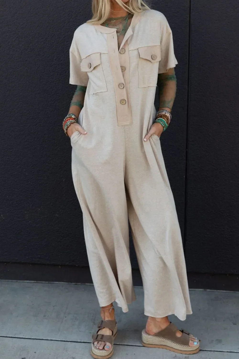 Pocket Front Short Sleeve Wide Leg Jumpsuit - Image 2
