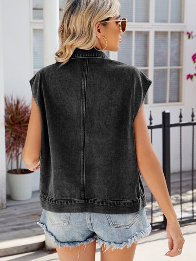 Pocketed Button Up Sleeveless Denim Jacket - Image 8