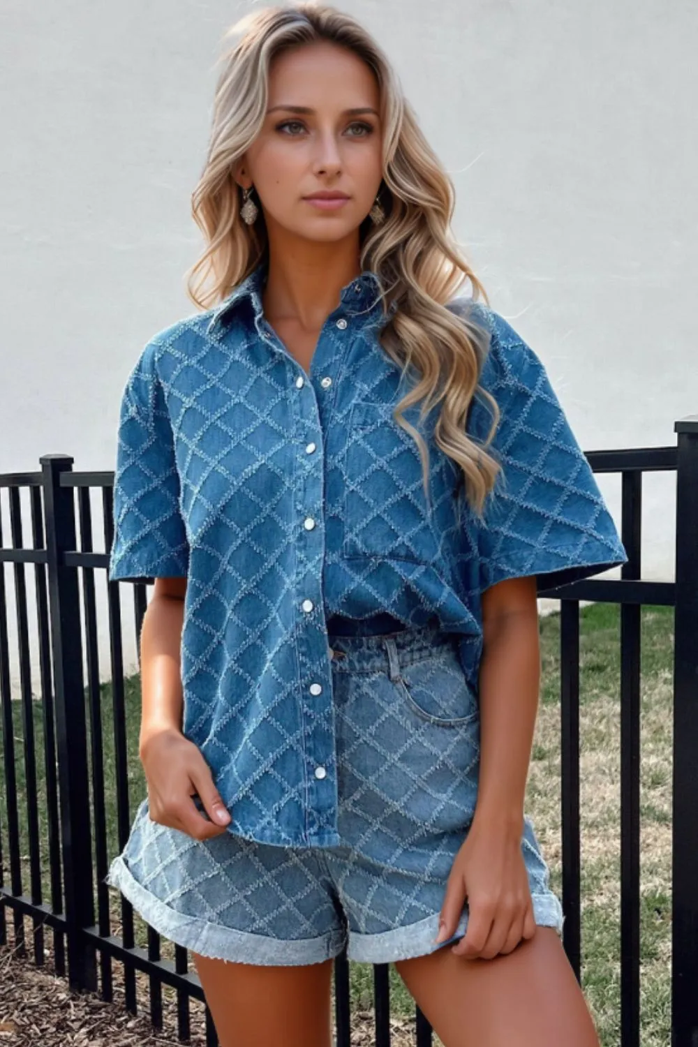 Pocketed Collared Neck Short Sleeve Denim Shirt - Image 2