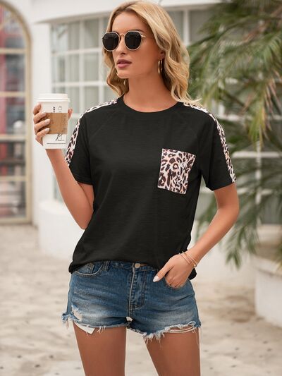 Pocketed Leopard Round Neck Short Sleeve T-Shirt - Image 16