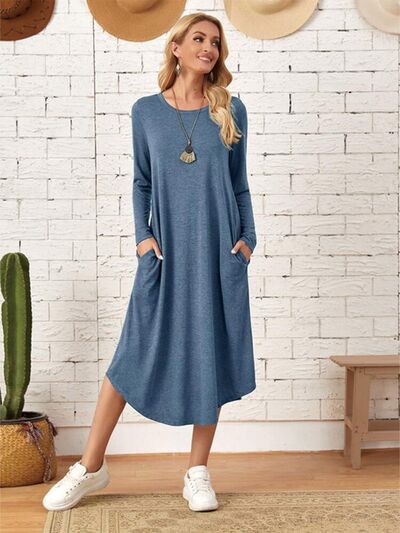 Pocketed Round Neck Long Sleeve Tee Dress - Image 16