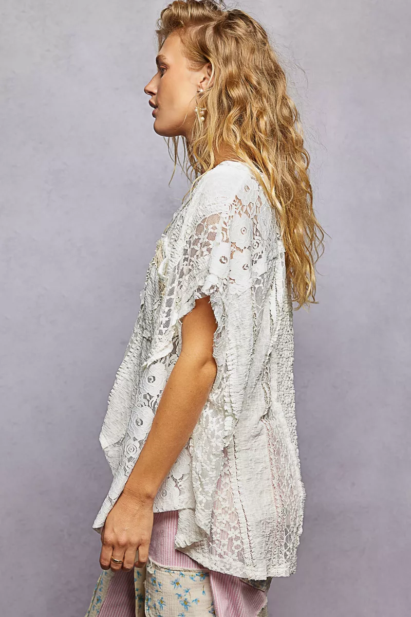 POL Asymmetrical V-Neck Short Sleeve Lace Top - Image 4