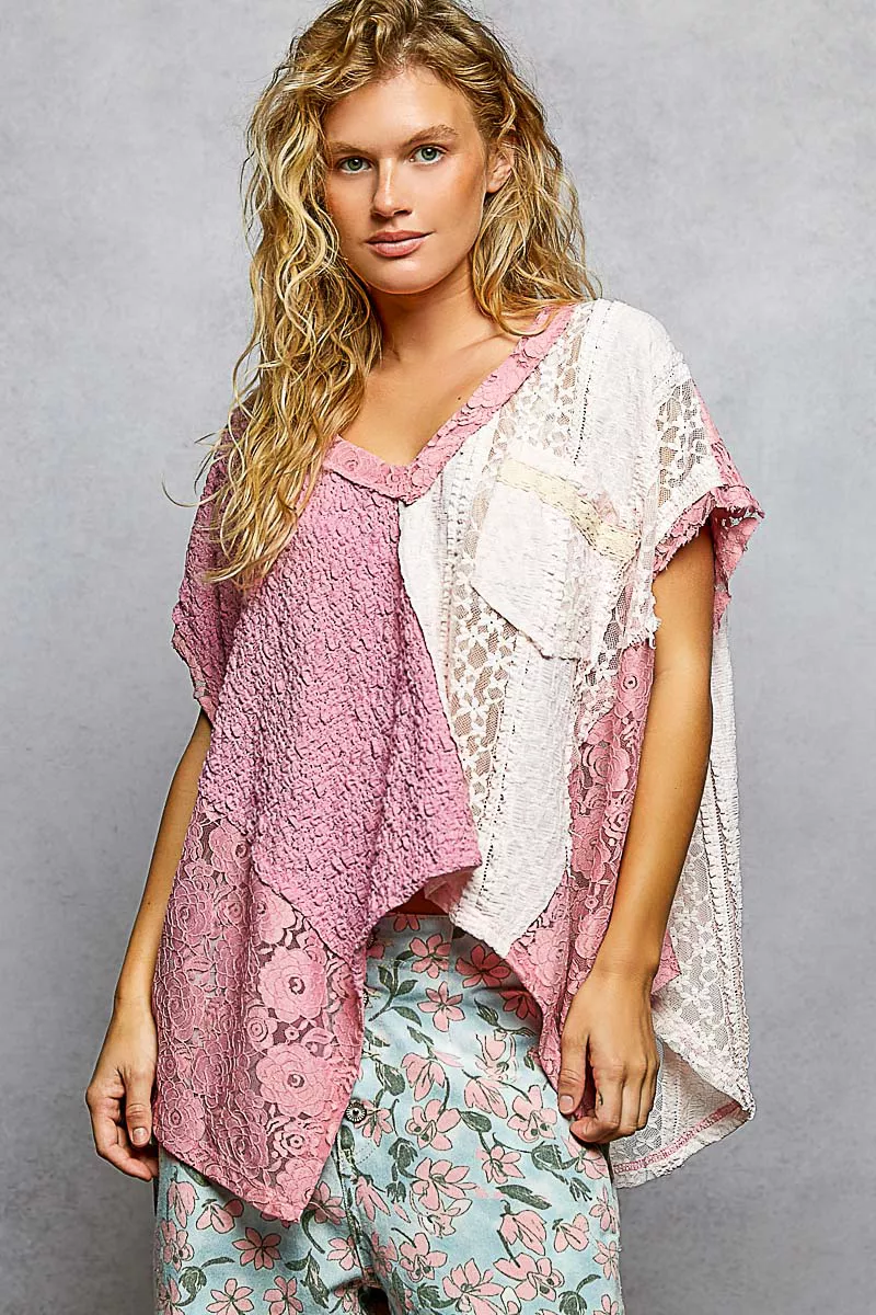 POL Asymmetrical V-Neck Short Sleeve Lace Top - Image 2