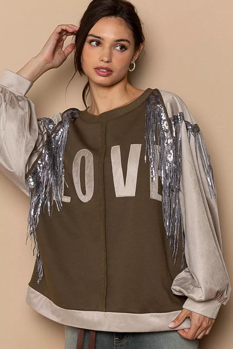 POL Balloon Sleeve French Terry Sweatshirt with Sequin Tassel - Image 2