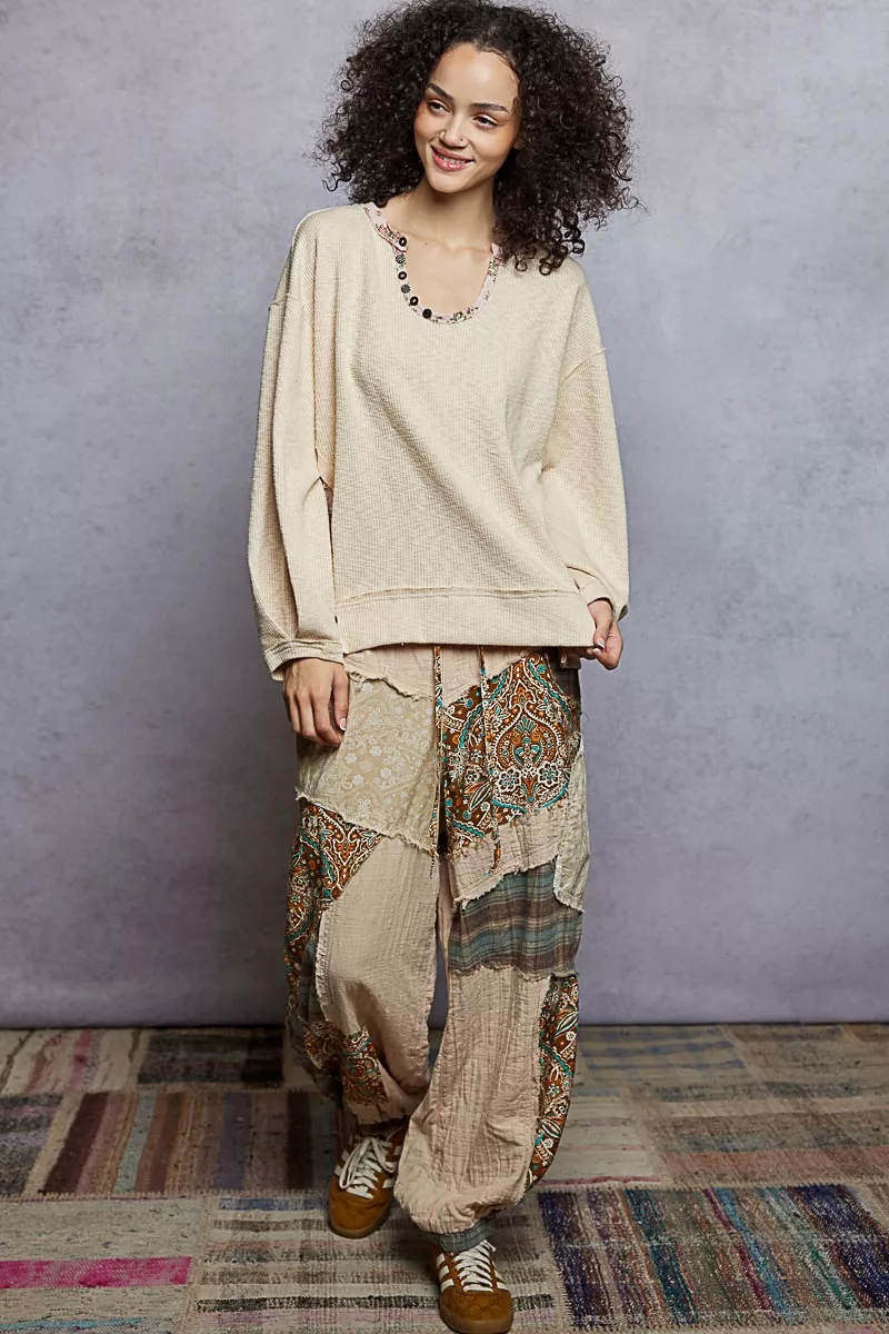 POL Balloon Sleeve Oversized Ribbed Top with Floral Pattern Contrast - Image 5