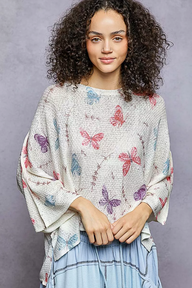 POL Butterflies Pattern Round Neck knit Top with Outseam Rolling Edge - Image 2