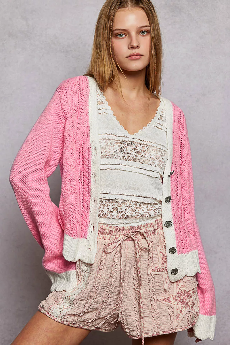 POL Button Down Cable-Knit Cardigan with Contrast Border Accents - Image 2