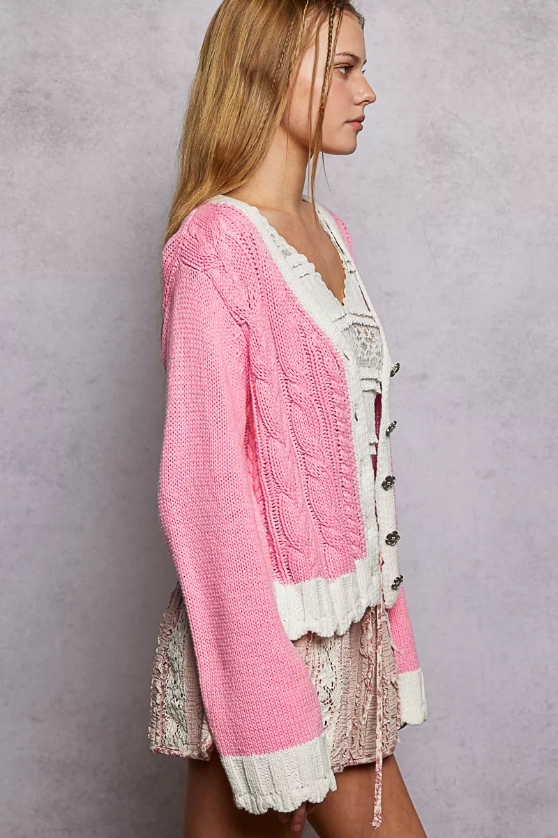 POL Button Down Cable-Knit Cardigan with Contrast Border Accents - Image 3