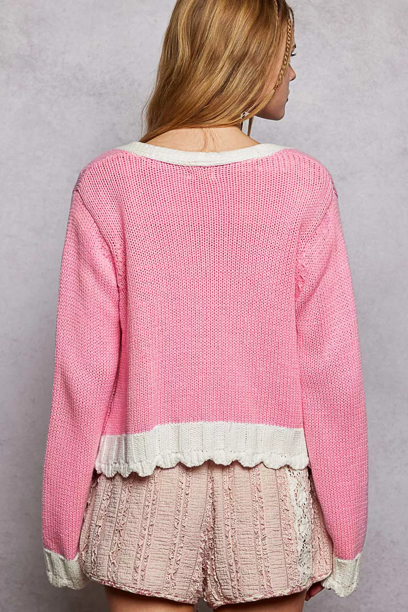 POL Button Down Cable-Knit Cardigan with Contrast Border Accents - Image 4