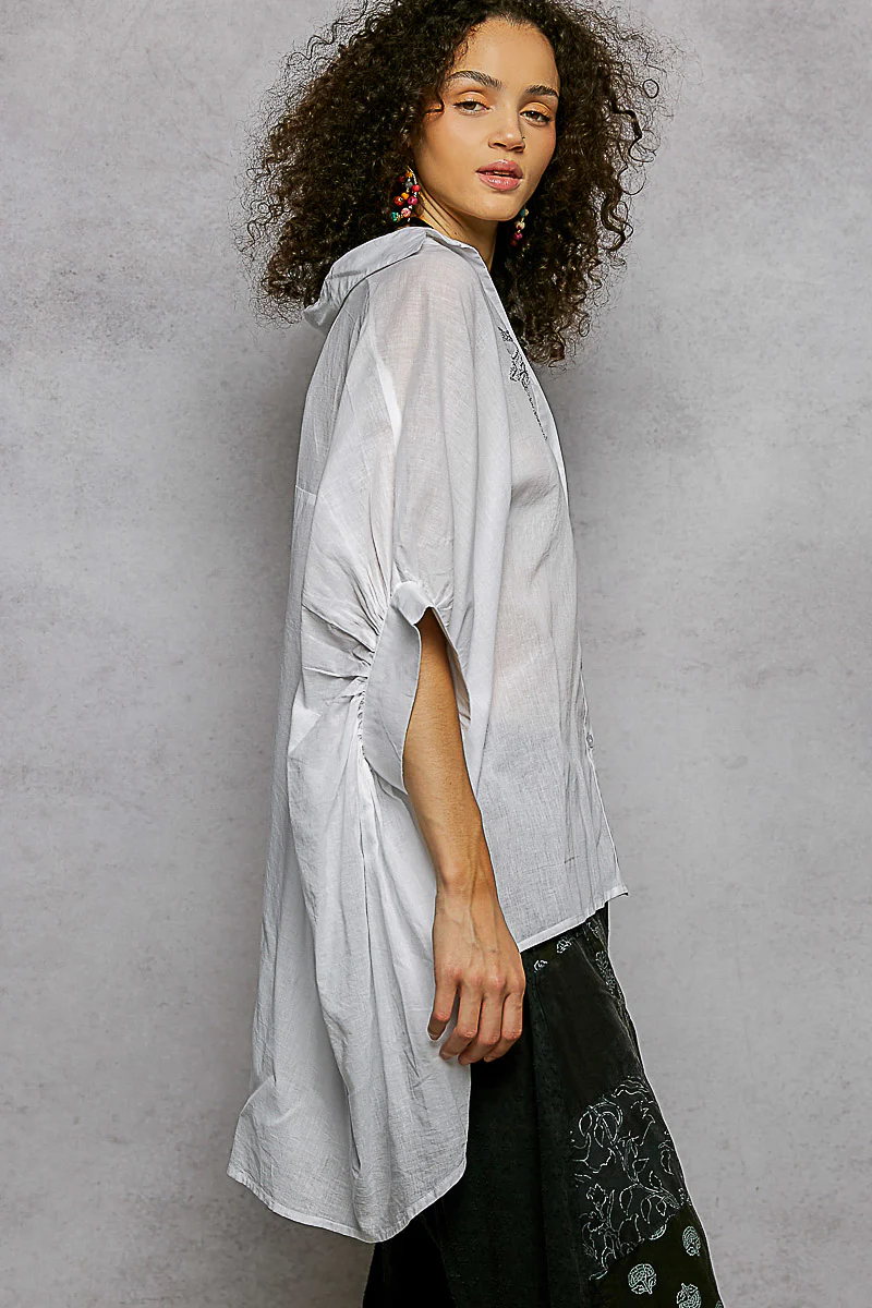 POL Button Down Embroidered Floral High-Low Hem Shirt - Image 5